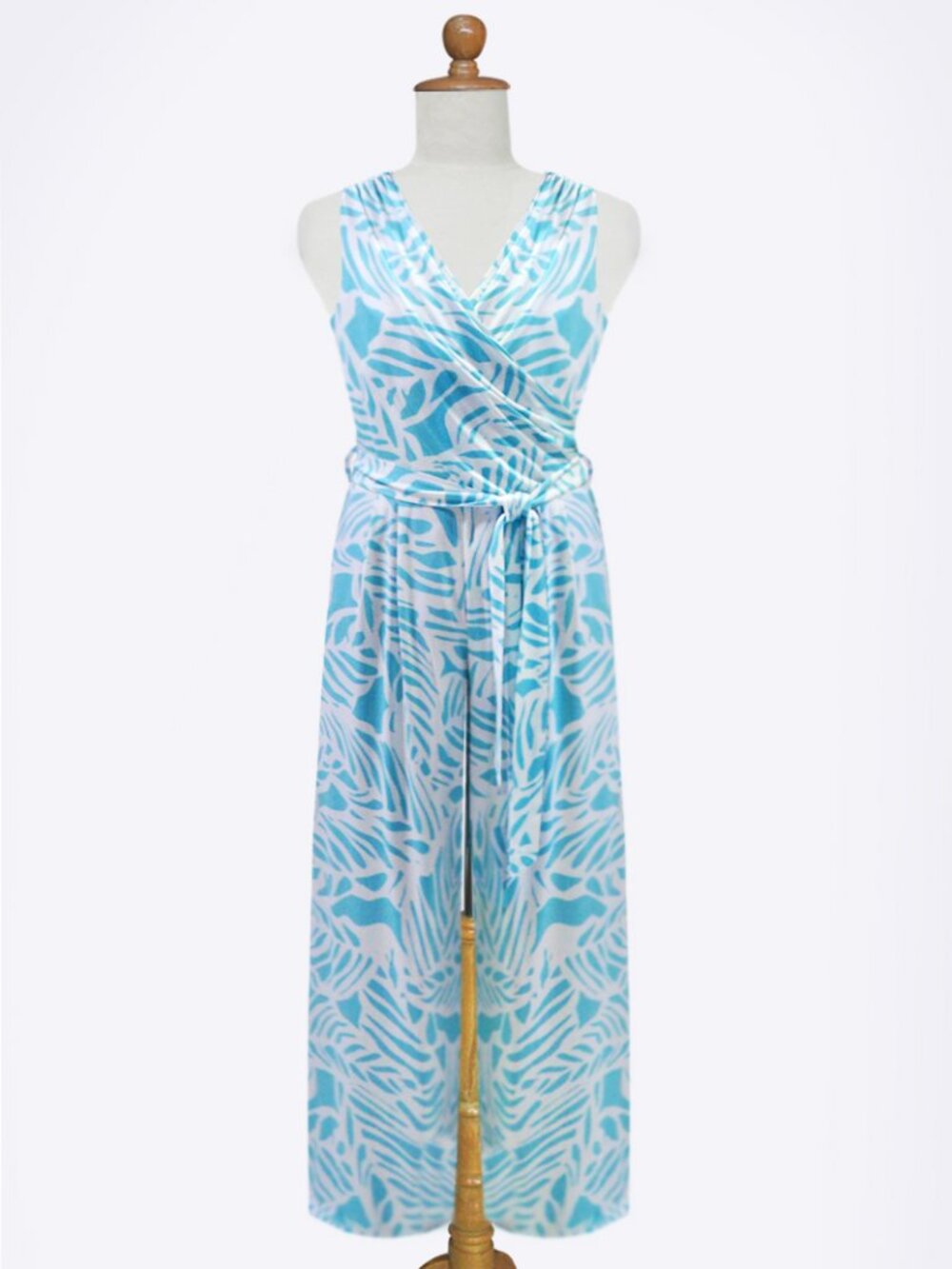 La Mer Luxe Winifred Sleeveless Jumpsuit- Caribbean Blue Tropical Leaf - Picture 2 of 3